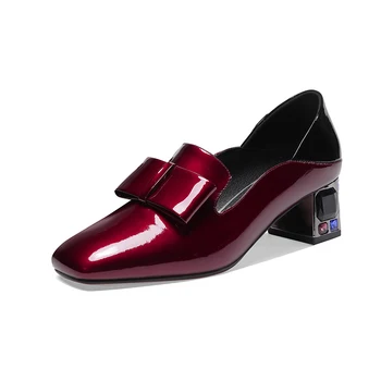 

Elegant Women Pumps 2020 Spring Summer New Fashion Genuine Leather crystal Square Heeled Shoes Woman Office Basic Shoes