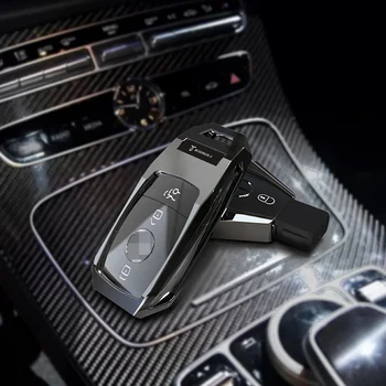 レザーレッド 1 個 3 ボタン車スマートキーカバーケースホルダーシェルバッグメタルキーホルダー bmw 5 7 シリーズ F10 F01