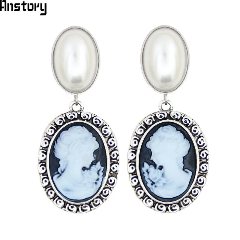 Oval Pearl Earrings Stud For Women Lady Queen Cameo Stud Vintage Look Antique Silver Plated Fashion Jewelry TE492