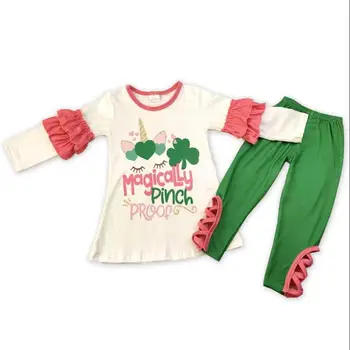 

Magically pinch proof girl St. Patrick green shamrock outfit kid girls A-line top cotton cross-criss leggings clothes