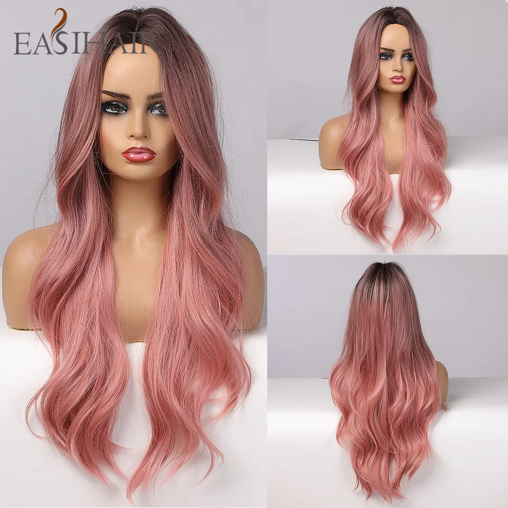 Wigs Hair-Wig Synthetic-Hair Middle-Part Wavy Pink Natural Long Ombre Women Heat-Resistant