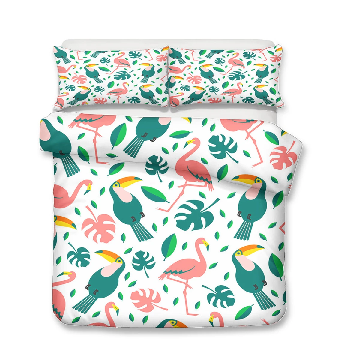 

Animal Leaf Bedding Red Flamingo Green Toucan Duvet Cover Pillowcase Girl Room Decor Bed Set Double Quilt Cover White Background
