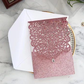 

(10 pieces/lot) New Luxury Glittery Pink Wedding Invitation Card With Crystal Birthday Christening Quinceanera Cards IC056