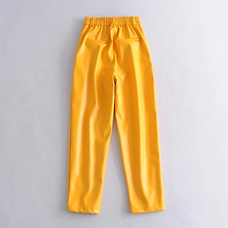 Brand New PU Leather Loose Pants Women Fashion Faux Leather Trousers Yellow Elegant Pockets Zipper Button Pant Female Ladies gloria vanderbilt capris