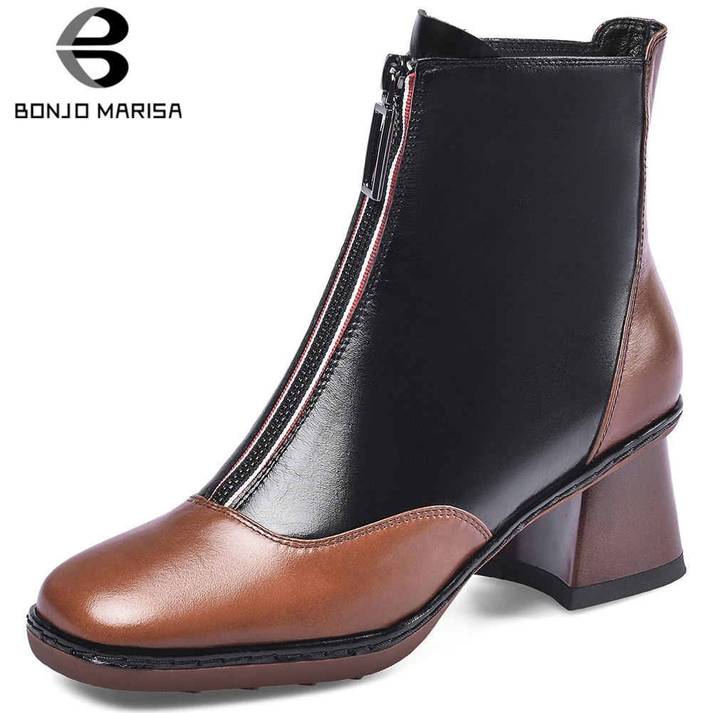 

BONJOMARISA New Office Lady Quality Genuine Leather Ankle Boots Women 2020 Brand Patchwork Boots Ladies High Heel Shoes Woman