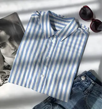 

Women Blue And White Stripes Shirt Long Sleeve Ladies Blouse Casual Simple Tops