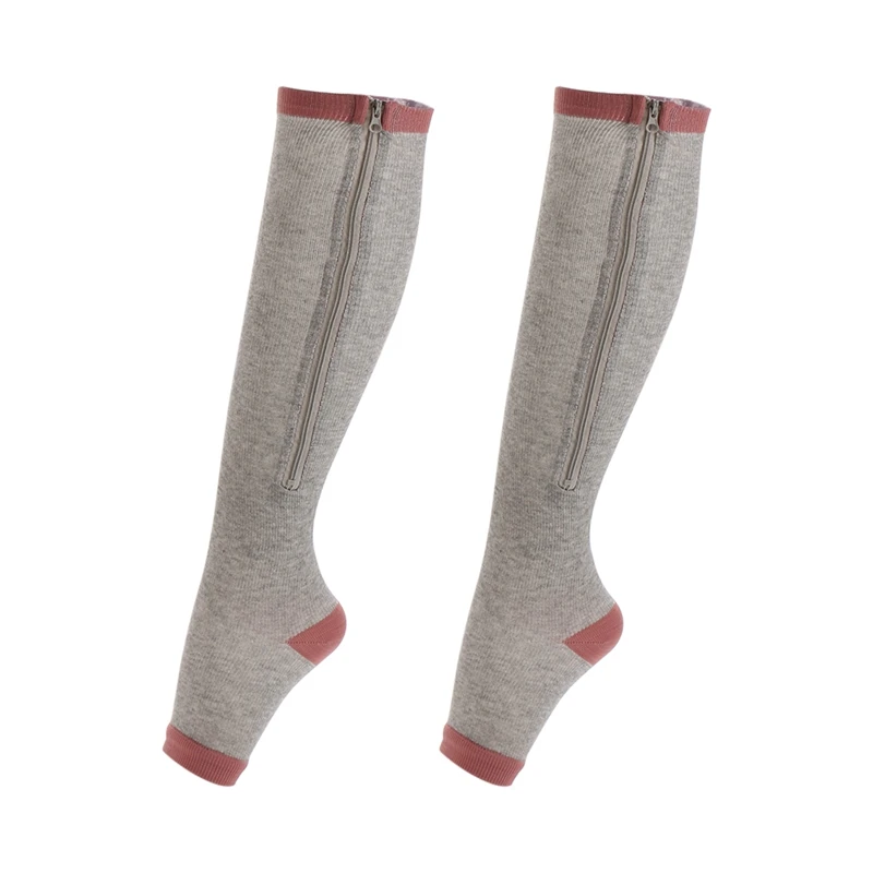 1 пара компрессионных носков для женщин на молнии, медицинские компрессионные носки на молнии для поддержки ног, Гольфы с открытым носком, Анти-усталость, эластичные носки - Цвет: Серый