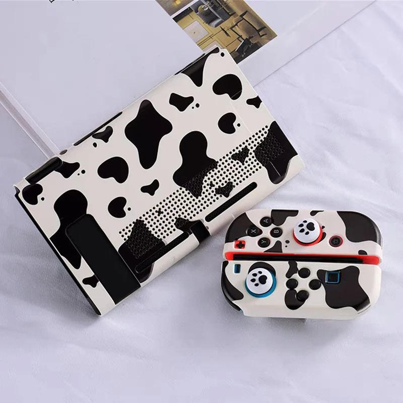 

Black White Cow Grain Protective Case Switch Oled Cover with thumb grip cap Set For Nintendo Switch NS Joy-Con Controller Case