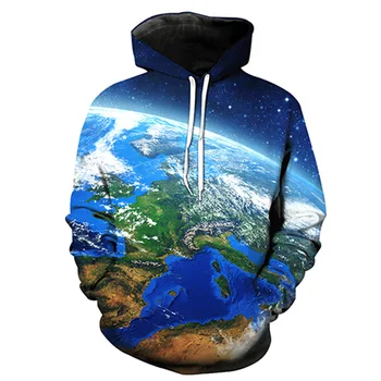 

3D earth overlooking the scene printed hooded pocket pullover men's tide hooded Men's Sweatshirts Printing Blouse hoodies