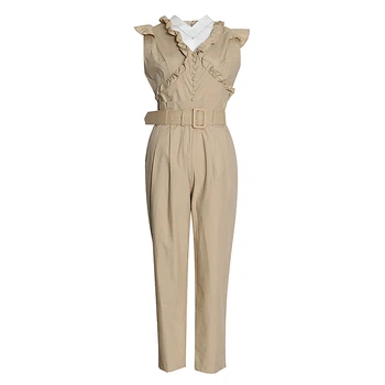 

Causal Patchwork Ruffles Jumpsuits For Female Lapel Collar Sleeveless High Waist With Sashes Long Jumpsuit Women Dropshipping