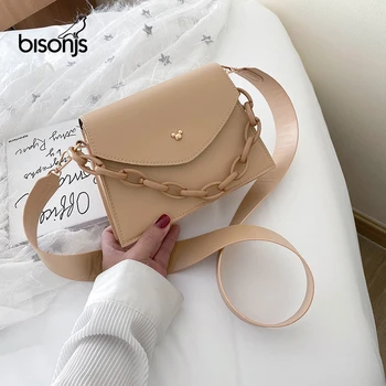 

BISONJS Women Casual Shoulder Messenger Bags PU Leather Pure Color Chain Tote Purses Youth Ladies Simple Versatile Bag 2020 New