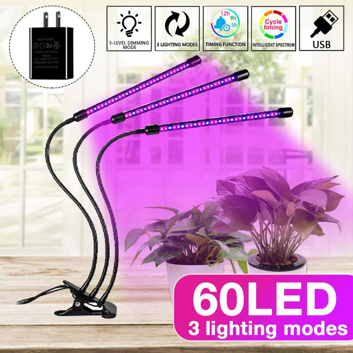 

Smuxi EU/US/AU 3Head 30W LED Grow Light AC100-240V USB LED Full Spectrum Phyto Lamp For Indoor Vegetable Flower Plant Tent Box