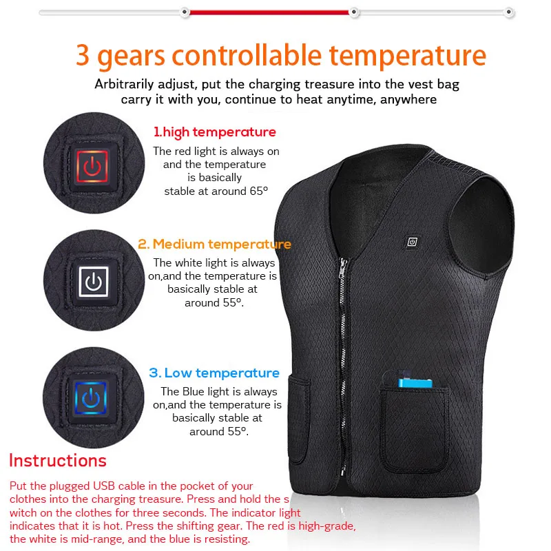 New Men Women Outdoor USB Infrared Heating Vest Jacket Winter Flexible Electric Thermal Clothing Waistcoat Fishing Hiking