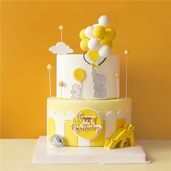 

Yellow Clouds Balloon Elephant with Rabbit Cake Topper For Birthday Decoration Supplies Baby Shower Baking Dessert