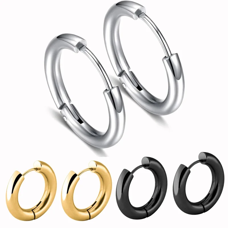 

Trendy silver color Rose Gold Black Tone Stainless Steel Hoop Earrings Round Loop Earring For Women 12mm/14mm/16mm