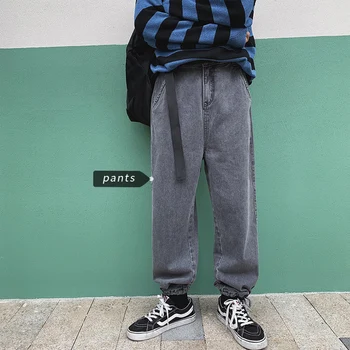 

2019 Autumn Men's Send Belt Classic Style Cargo Pocket Wash Jeans Mens Grey/blue Color Casual Pants Male Leisure Trousers M-5XL