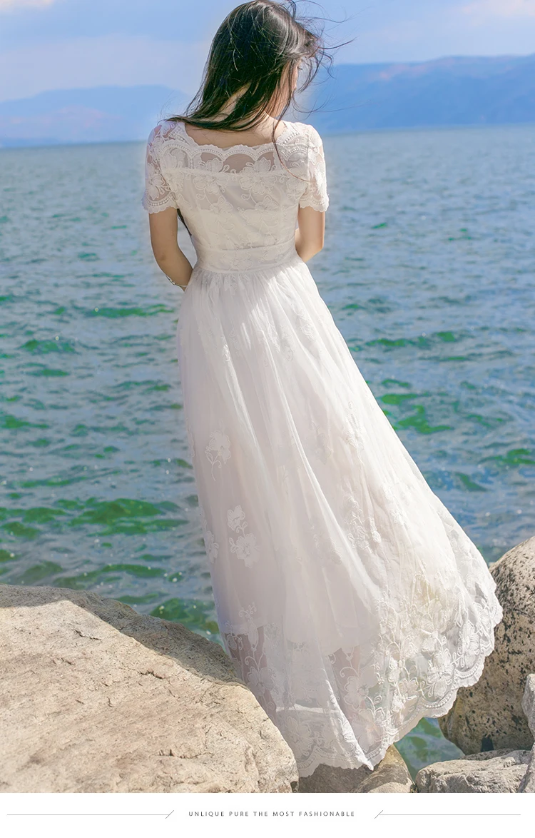 Белое Кружевное вязаное крючком платье женская пляжная одежда винтажная о-образный вырез короткий рукав вышивка открытая одежда для отпуска, пляжные платья