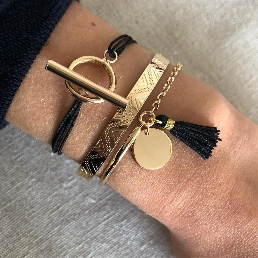 

Gold color Bohemian Handmade Weave tassel sequins Bracelet Sets Women 2019 New Rope Chain Bracelets Retro Jewelry Accessories