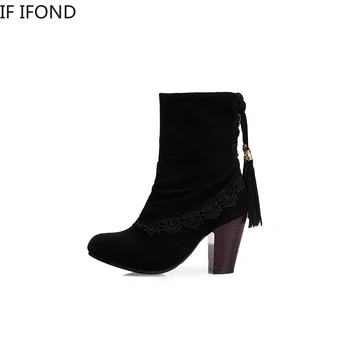 

IF IFOND Winter Fashion Sweet Women's Elastic Ankle Boots Classic Suede High Heels Female Solid casual lace Side Boots