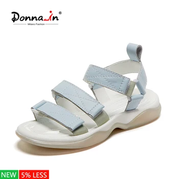 Donna-in/кожаные сандалии на плоской подошве Для женщин большой Размеры на липучке, с открытым носком, женская пляжная обувь Повседневное на от...