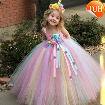 

Girls Pastel Flower Tutu Dress Kids Crochet Tulle Strap Dress Ball Gown with Daisy Ribbons Children Party Costume Dress