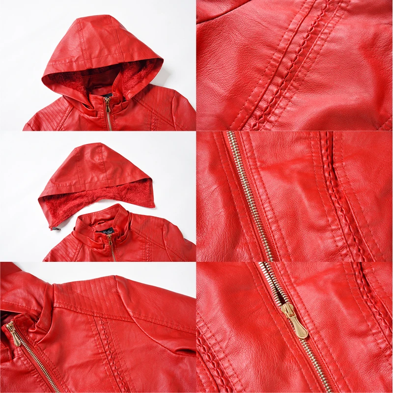 Winter warm jackets Zipper PU Hooded Coat Short Jacket Slim Biker style slim fashion ladies Outerwear