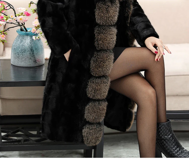 GOURS зимнее женское пальто из натурального меха, кожаная куртка, черная одежда, длинная шуба из натуральной норки, воротник из лисьего меха, теплая, плюс размер, новинка PG7831