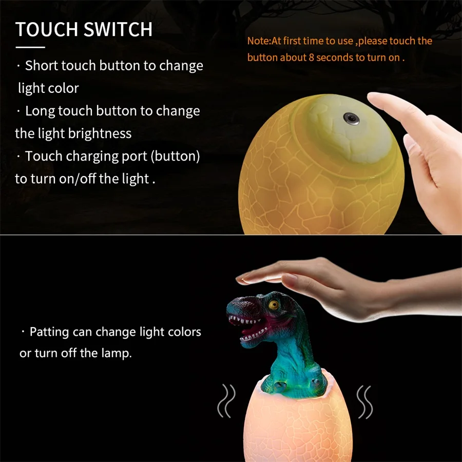 Сенсорный датчик ночник светодиодный 3/16 цветов ПЭТ яйцо динозавра прикроватная лампа дистанционное управление Ночная игрушка Настольная лампа с зарядкой