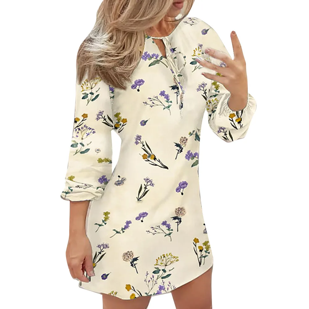 Fashion Long Sleeve Autumn Dress Butterfly Floral Printed V Neck Lace Up Casual Mini Female Dresses Vestidos