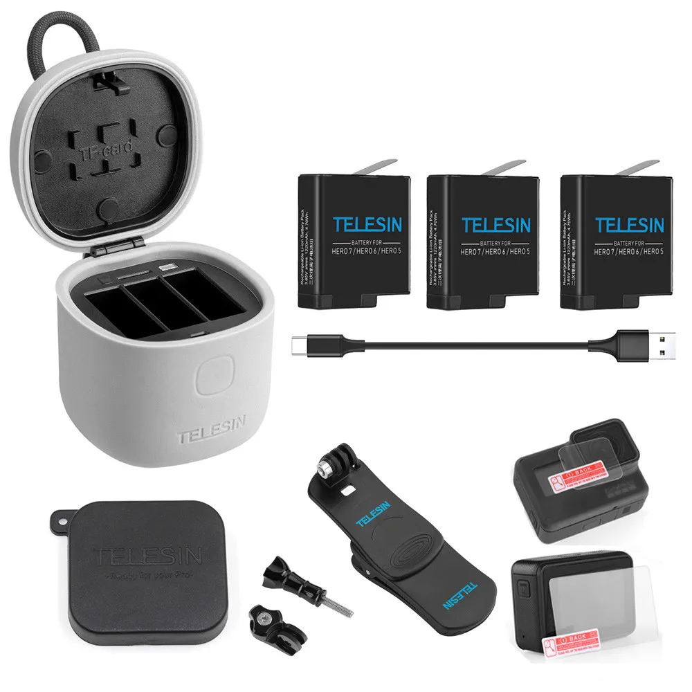 TELESIN 2 шт батарея и 3 слота зарядное устройство TF кардридер зарядный ящик для хранения рюкзак зажим крышка объектива для Gopro Hero 7 6 5 черный - Цвет: 3 Battery Set