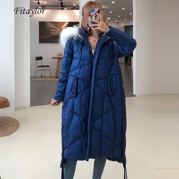 

Fitaylor Winter Long Down Jacket Women Hooded Ultra Light White Duck Down Parka Warm Large Real Fur Collar Snow Street Outwear
