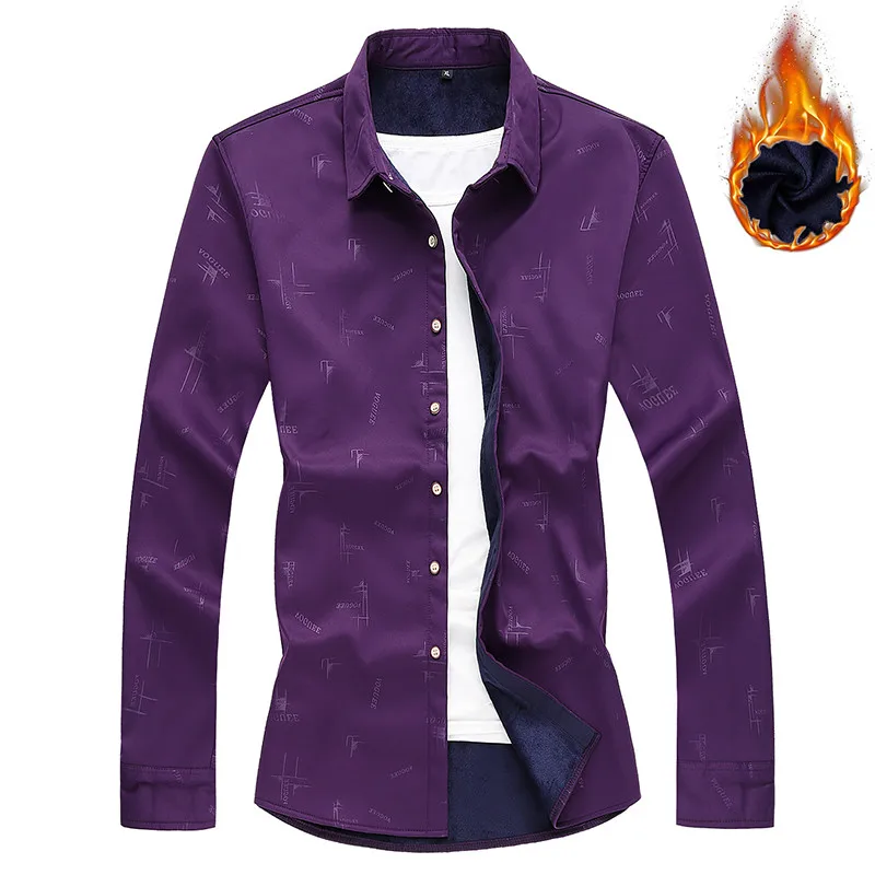 purple Зимний флисовый Уплотнённый тёплый Мужской гладкий шелк ткань с длинным рукавом Повседневные рубашки мужские вечерние праздничные платья рубашка плюс размер 7XL - Цвет: purple