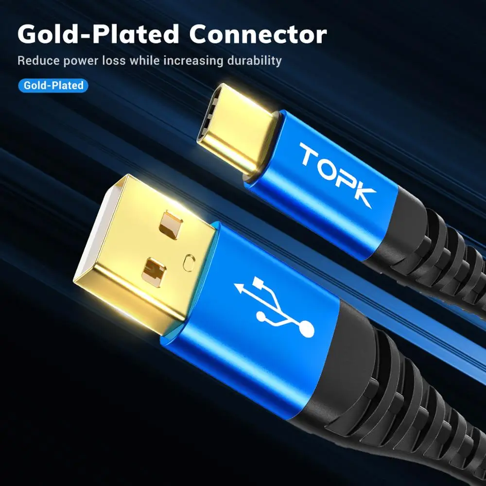 Кабель TOPK usb type-C для быстрой зарядки для samsung S9 S10 Plus, зарядный шнур для мобильного телефона, кабель type-C для Xiaomi redmi note 7 8 10