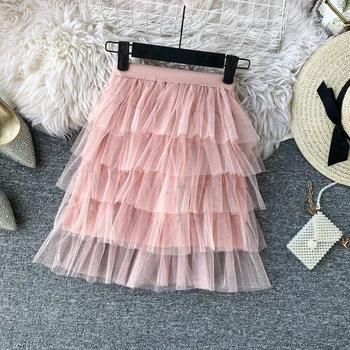 

Pink skirts womens summer Mini Cake Skirts Women Black white sexy Short High Waist Ruffled Vintage Party pleated skirt