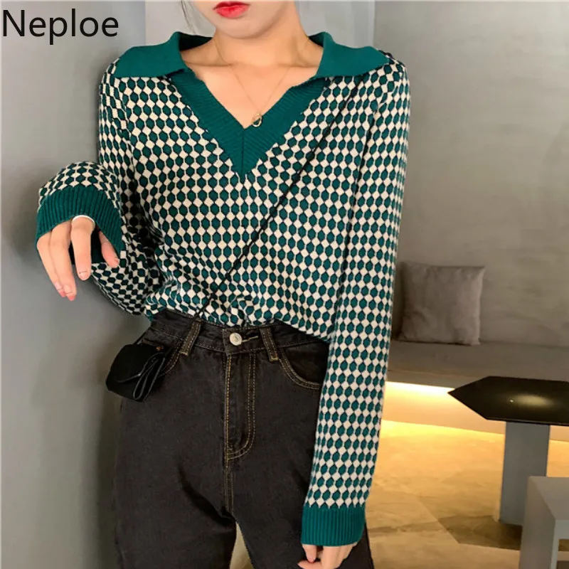 Neploe, v-образный вырез, контрастный цвет, нашивка в горошек, дизайн, Pull Femme, отложной воротник, контрастный цвет, длинный рукав, вязаный свитер, теплый, Sueter