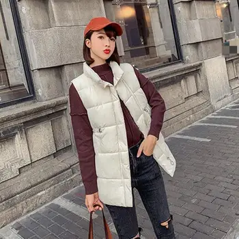 

Autumn Winter Long Sleeveless Vest Coats Stand Neck Slim Cotton Padded Jacket Vests Korean Zipper Woman Waistcoat