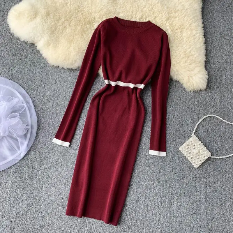 

2019 new fashion women's Korean simple round neck long-sleeved color matching to receive the waist was thin knitted dress female