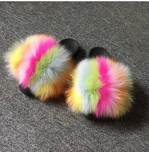 as pic shows Женские летние шлепанцы с натуральным лисьим мехом; женские нескользящие тапочки с пушистым мехом; женские меховые тапочки; милые женские плюшевые шлепанцы с лисьим мехом; Лидер продаж - Цвет: as pic shows