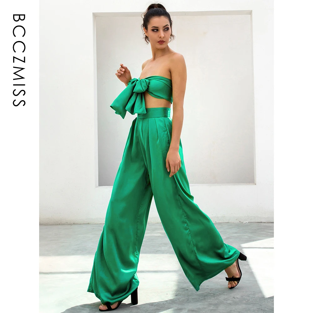 

Emerald Flared Pants Sets Women Changeable Straps Casual Two Pieces Sleeveless High Waist Party Lady Bow Decoration BCCZMISS