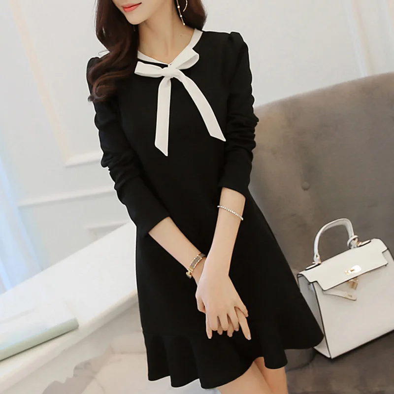 

Slim Women Bow Tie Long Sleeve Dress Casual One-piece Frock Flouncing Dress Working Dress JS24
