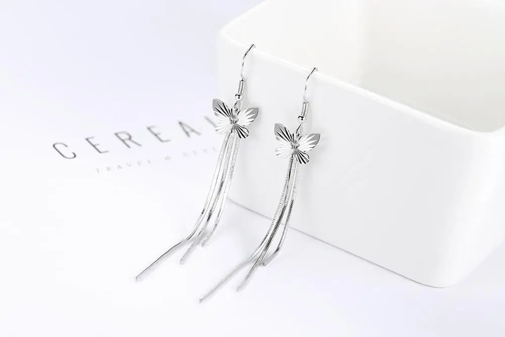 925 Sterling Silver Butterfly Long Tassel Drop Earrings for Woman Gift