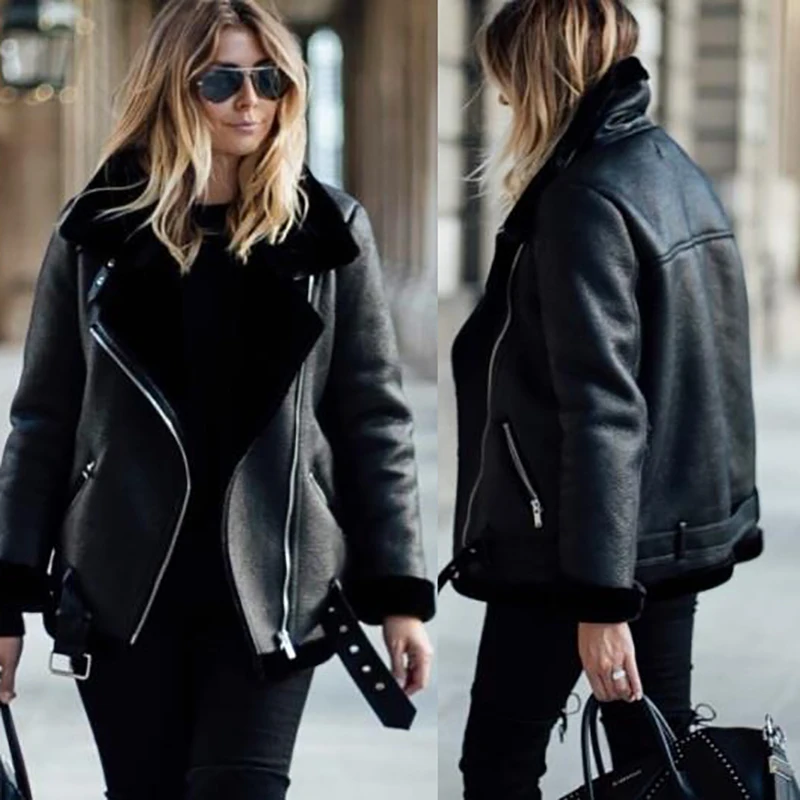Женская Повседневная кожаная куртка с отложным воротником, высококачественное толстое теплое пальто, новые зимние пальто из овечьей шерсти