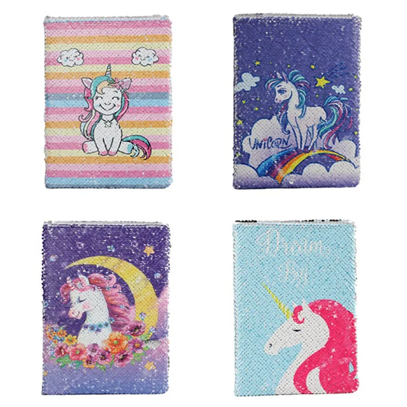 

4 Styles Lovely Unicorn Pattern Sequins Diary Notebook DIY Paper Glitter Notepad School Office Writing Stationery