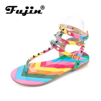 

Fujin 2020 Women Sandals Summer Colorful Mixed Colors Flat Heel Sweet Split Toe Rivet Rome Shaped Buckle Fashion Women Sandals
