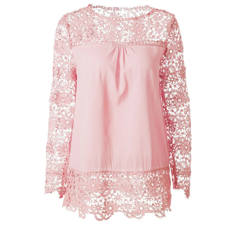 Yvlvol плюс Размер 7XL Ультрамодная блузка с кружевными вставками для женщин Весна Осень Женские топы рубашка Прямая - Цвет: pink