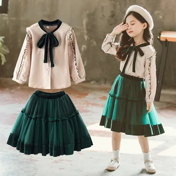 

Children Clothing Set for Girls Spring Autumn Long Sleeve Outfits 2 Pcs Kids Clothes Sets For Teenage Suits Bow Blouses + Skirts