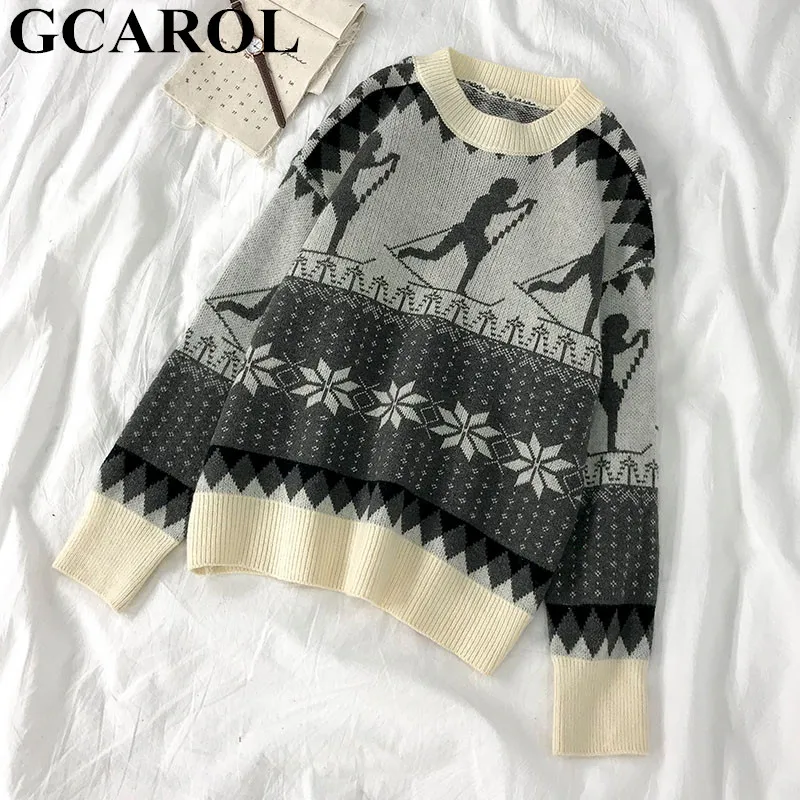 Beige GCAROL, Рождественская серия, снежный геометрический свитер, негабаритный винтажный плотный вязаный джемпер, Осень-зима, шикарный уличный трикотаж - Цвет: Beige