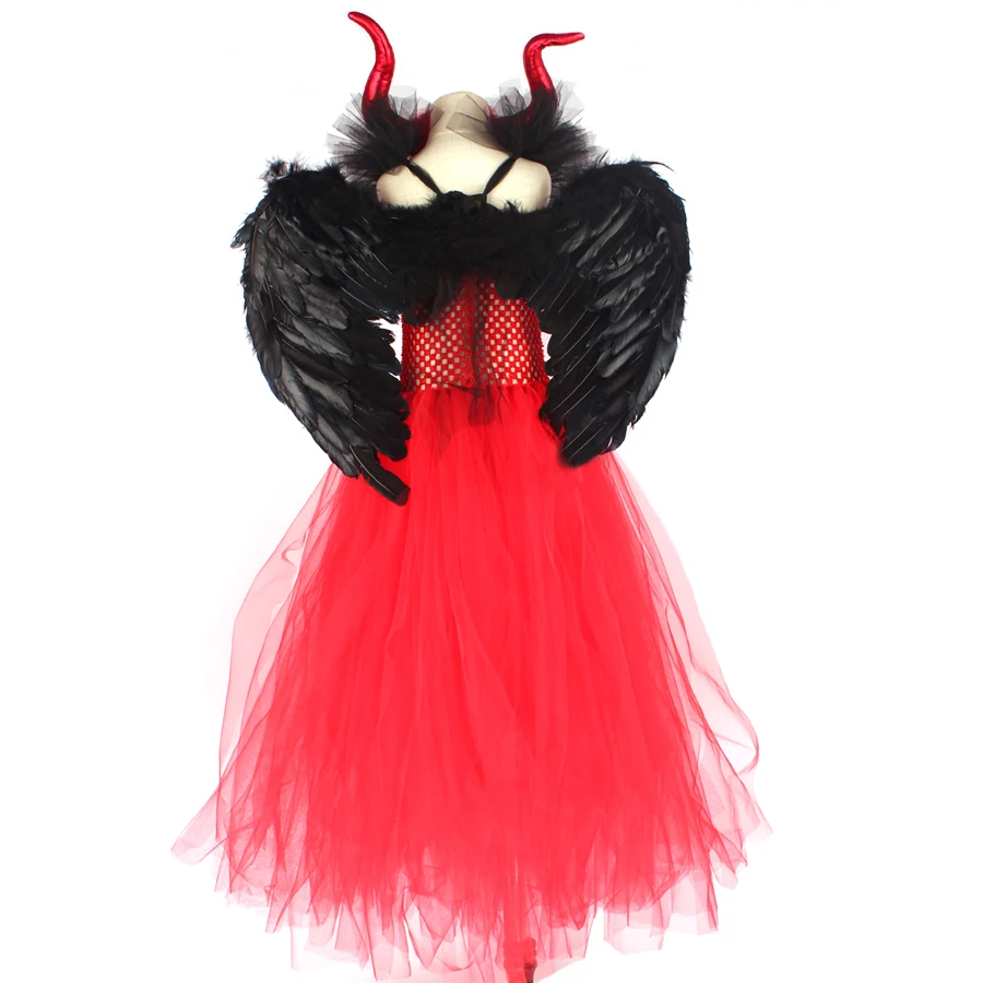 Red Devil Halloween Girls Gown Tutu Dress Costume Kids Crimson Demoness Dress with Horns and Wings Cosplay Party Witch Clothing (5)