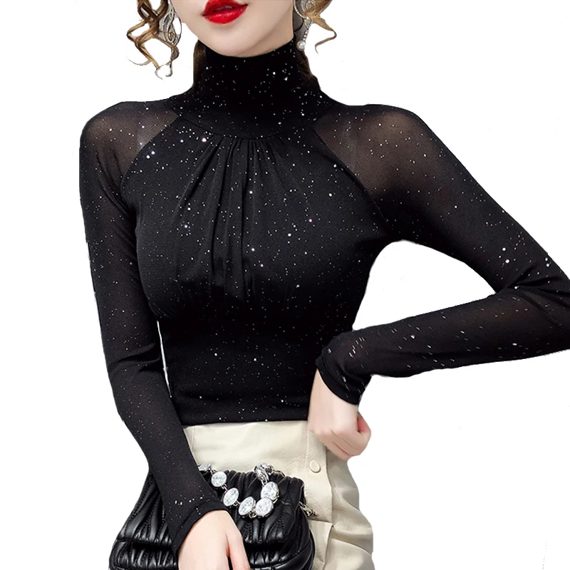 Coreano de moda de mujeres top de malla de cuello alto negro Sexy Fondo t camisa Casual brillante de seda dama Blusa camiseta