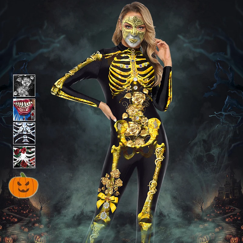 Костюмы скелета на Хэллоуин для женщин страшный комбинезон обтягивающие черепа